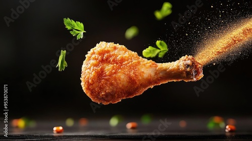 A beautifully crispy fried chicken leg floating in mid-air with seasoning flying around it captured against a dark black background with soft lighting to enhance the rich golden te photo