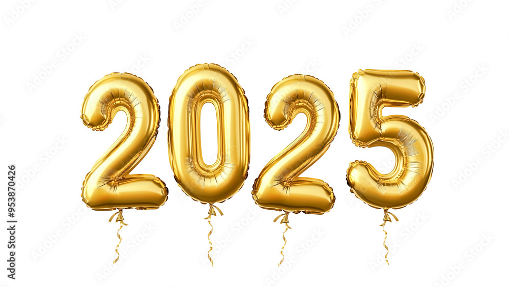 Shiny gold balloons forming the text Happy New Year 2025 on cut out background perfect for decoration festive celebrations and countdown anniversary themed design Shiny gold balloons forming the text Happy New Year 2025 on cut out background perfect for decoration festive celebrations and countdown anniversary themed design