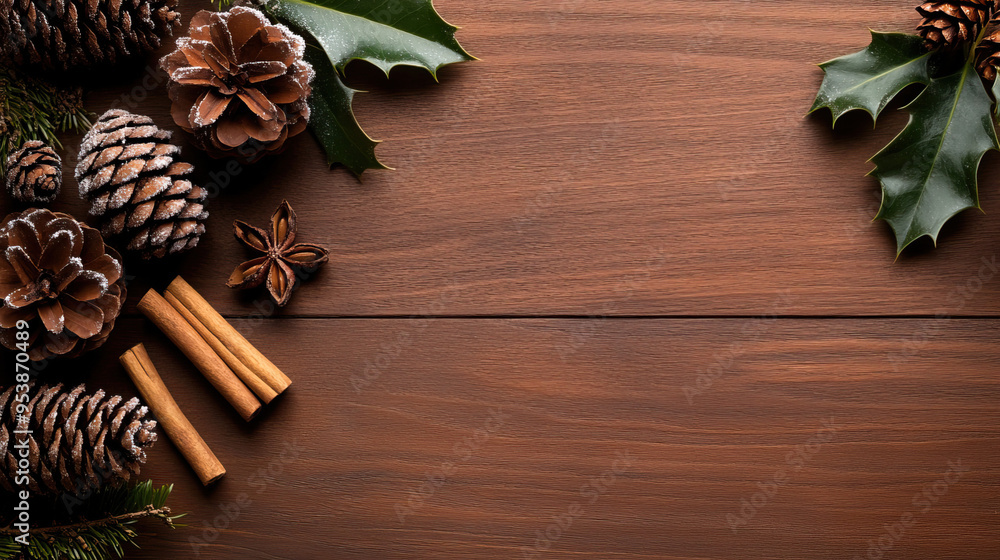 Naklejka premium A cozy wooden background adorned with pinecones, cinnamon sticks, and green leaves perfect for holiday themes and seasonal decor.