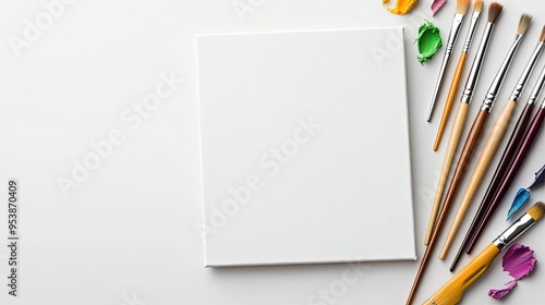 A bright white background highlighting a painter's canvas and brushes under soft studio lights perfect for promoting artistic supplies focusing on creativity and elegance