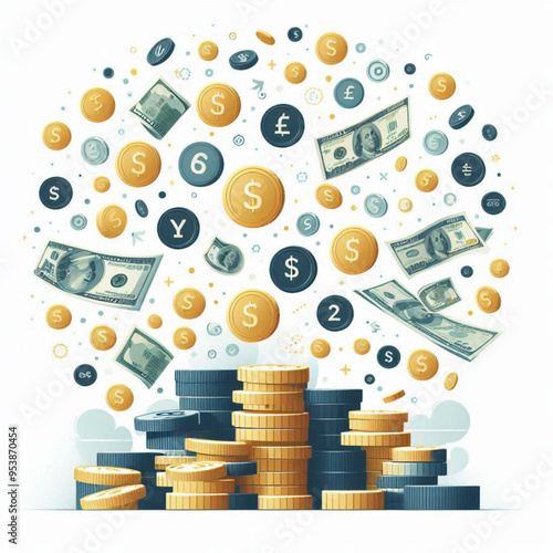 Free  Money vector money photo Gold coins and banknotes 3d cartoon style icon black Friday 