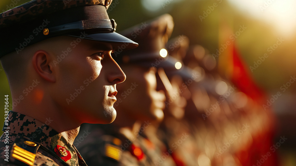 A group of soldiers in uniform stands in formation during a ceremonial event, exuding discipline and pride in the warm sunlight. A group of soldiers in uniform stands in formation during a ceremonial event, exuding discipline and pride in the warm sunlight.