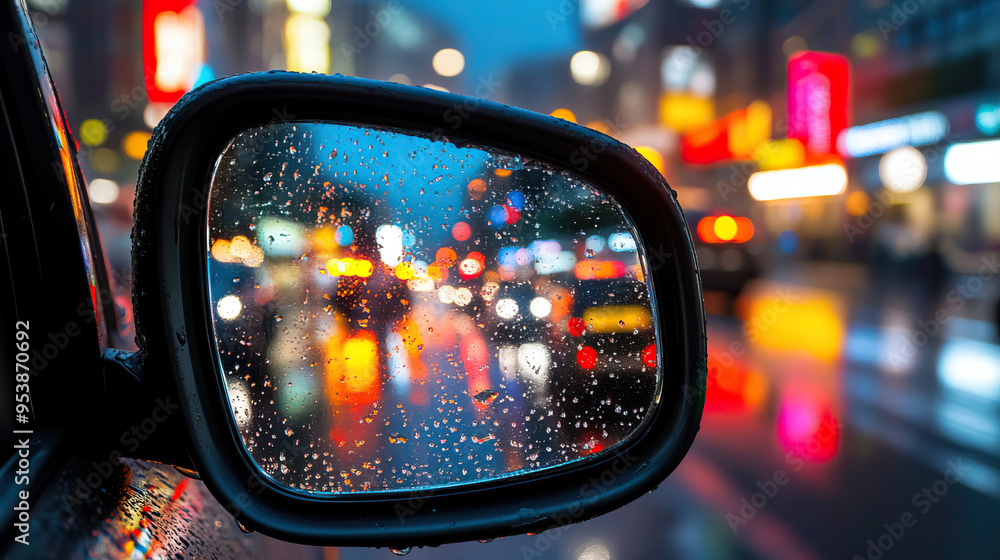 A rainy night scene captured in a car's side mirror, featuring colorful city lights and blurred reflections. A rainy night scene captured in a car's side mirror, featuring colorful city lights and blurred reflections.