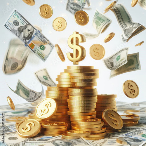 Free  Money vector money photo Gold coins and banknotes 3d cartoon style icon black Friday 