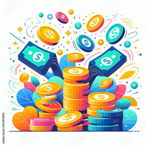 Free  Money vector money photo Gold coins and banknotes 3d cartoon style icon black Friday 