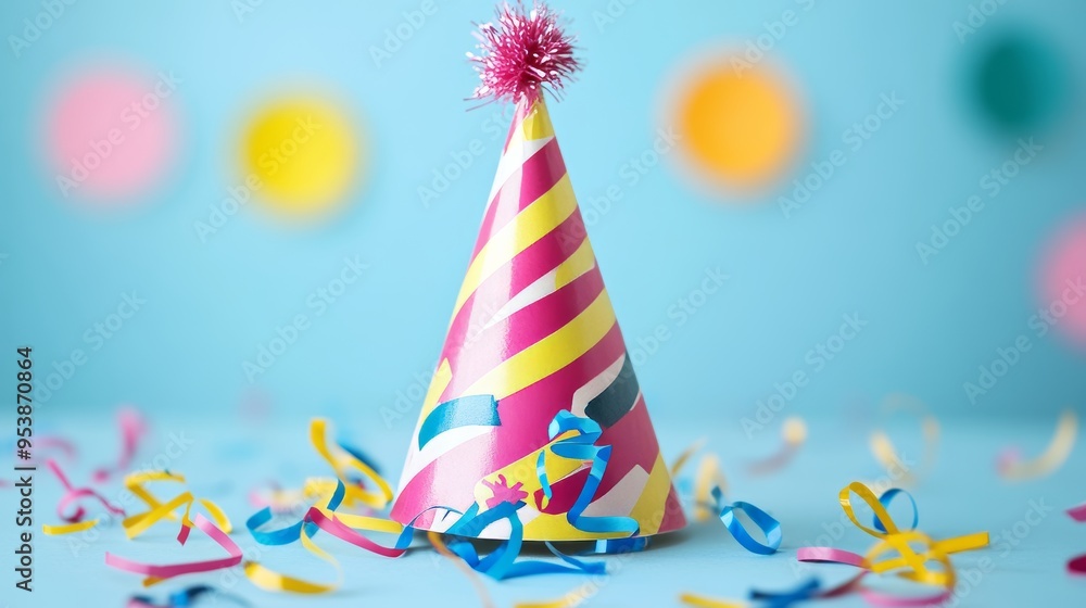 Colorful party hat on a blue background surrounded by confetti, perfect for celebrating birthdays or festive occasions Colorful party hat on a blue background surrounded by confetti, perfect for celebrating birthdays or festive occasions