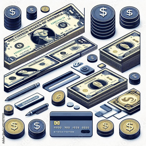 Free  Money vector money photo Gold coins and banknotes 3d cartoon style icon black Friday 