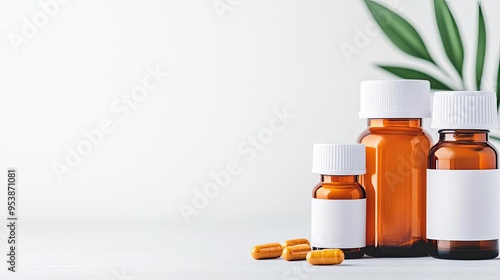 A clean white background showcasing a pharmacist's bottles and measuring tools under soft lighting ideal for promoting pharmaceutical equipment focusing on precision and cleanlines