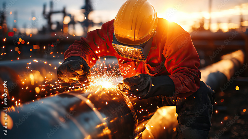 A worker welding pipes at sunset, surrounded by sparks, showcasing skill and safety in a bustling industrial environment. A worker welding pipes at sunset, surrounded by sparks, showcasing skill and safety in a bustling industrial environment.