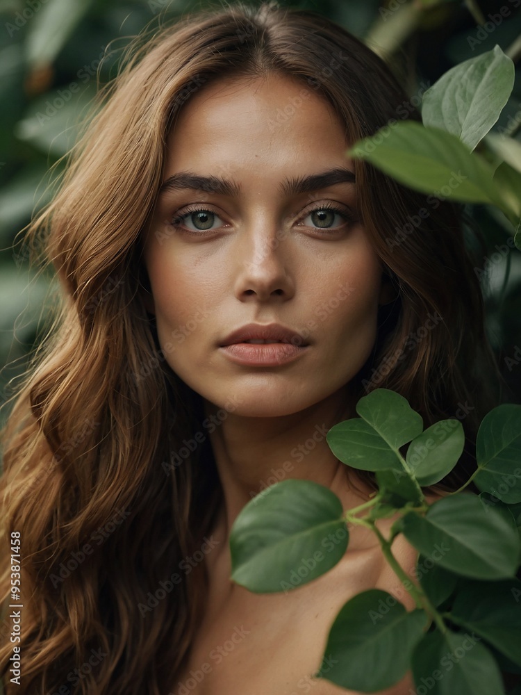 A woman with smooth skin and gentle eyes, surrounded by lush greenery. A woman with smooth skin and gentle eyes, surrounded by lush greenery.