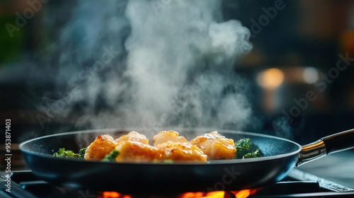 Wallpaper Mural Delicious chicken cooking in a pan, with steam rising and vibrant greens, perfect for culinary and food photography. Torontodigital.ca