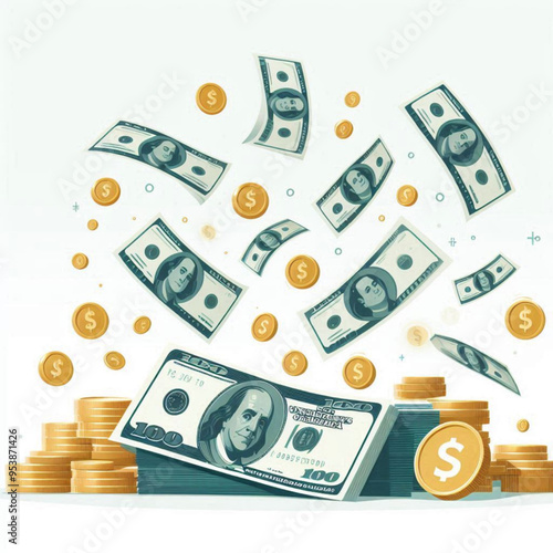 Free  Money vector money photo Gold coins and banknotes 3d cartoon style icon black Friday 