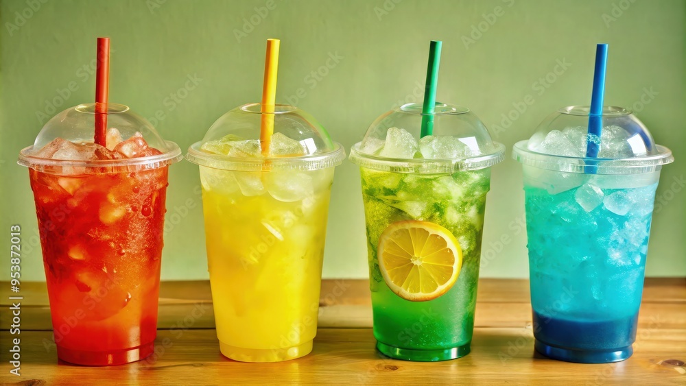 Realistic studio photography of four plastic cups filled with ice lemonades in vibrant colors yellow, blue, red, orange, and green arranged neatly on a colorful background Realistic studio photography of four plastic cups filled with ice lemonades in vibrant colors yellow, blue, red, orange, and green arranged neatly on a colorful background