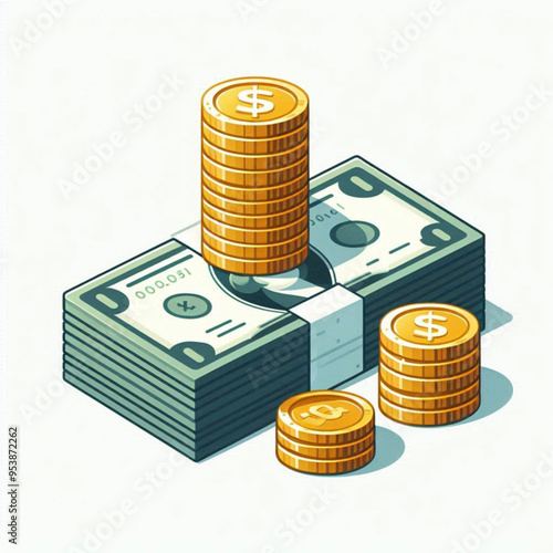 Free  Money vector money photo Gold coins and banknotes 3d cartoon style icon black Friday 

