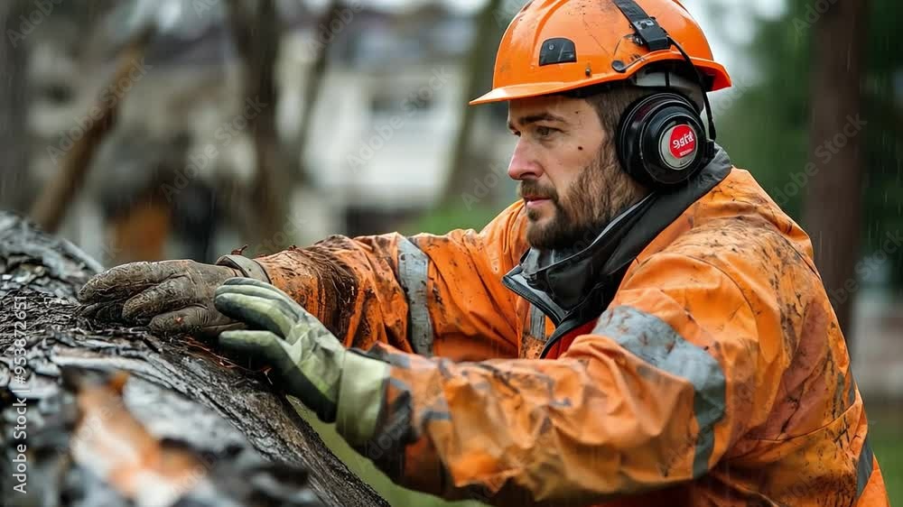 Following a powerful cyclone, a municipal worker is down trees. Following a powerful cyclone, a municipal worker is down trees.