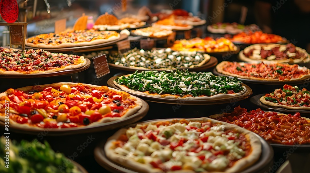 Obraz premium A colorful array of pizza toppings ready for customers to create their own pizzas