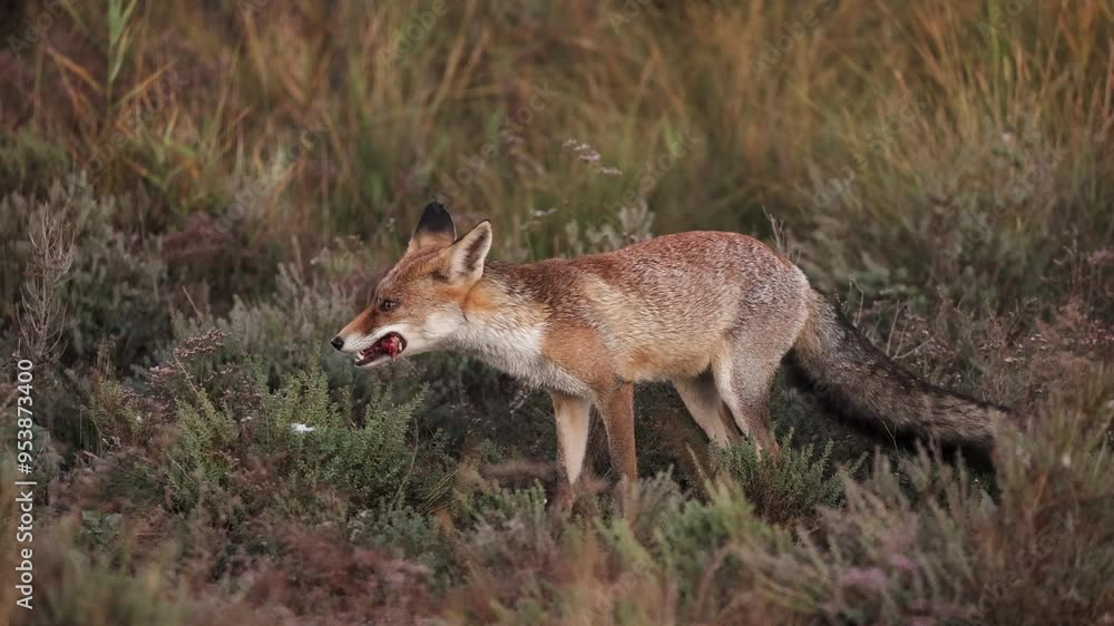 Red Fox (Vulpes vulpes) caught in action while eating its prey in a grassy field near Toledo, Spain. Captured in its natural environment. Red Fox (Vulpes vulpes) caught in action while eating its prey in a grassy field near Toledo, Spain. Captured in its natural environment.
