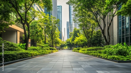 vibrant plaza with green trees nestled between tall buildings creating urban oasis