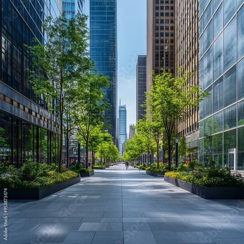 plaza with lush green landscaping and towering buildings inviting pedestrians to explore