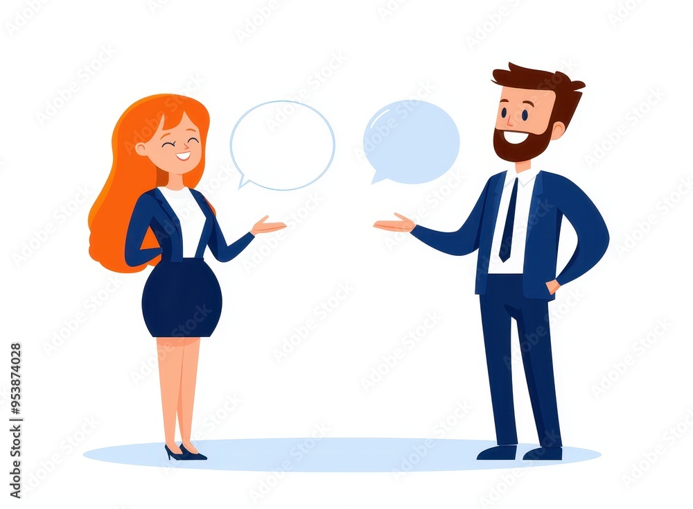 Cartoon business people discussing, engaging in conversation with speech bubbles, isolated on white background. Cartoon business people discussing, engaging in conversation with speech bubbles, isolated on white background.
