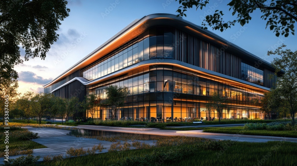 Modern Office Building with Landscaped Surroundings Modern Office Building with Landscaped Surroundings