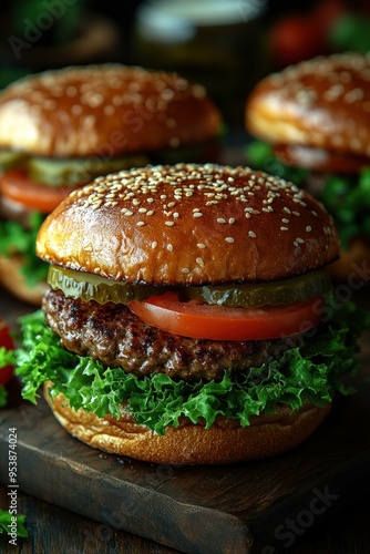 A 45 Angle shot of American cheeseburgers with