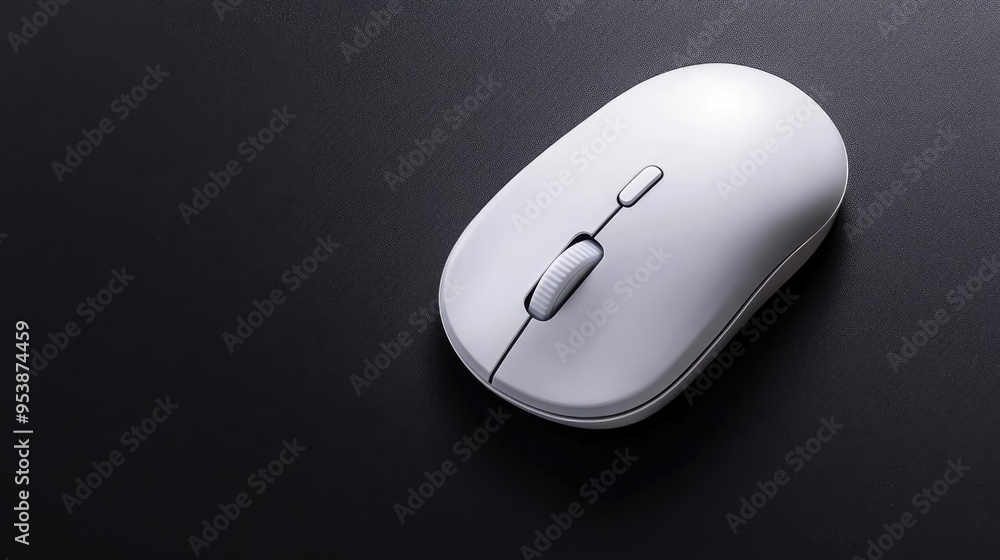 A modern wireless mouse placed on a sleek black background with subtle lighting perfect for promoting tech accessories focusing on ergonomic design and functionality A modern wireless mouse placed on a sleek black background with subtle lighting perfect for promoting tech accessories focusing on ergonomic design and functionality