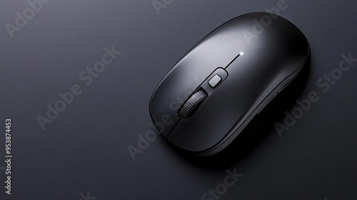 A modern wireless mouse placed on a sleek black background with subtle lighting perfect for promoting tech accessories focusing on ergonomic design and functionality