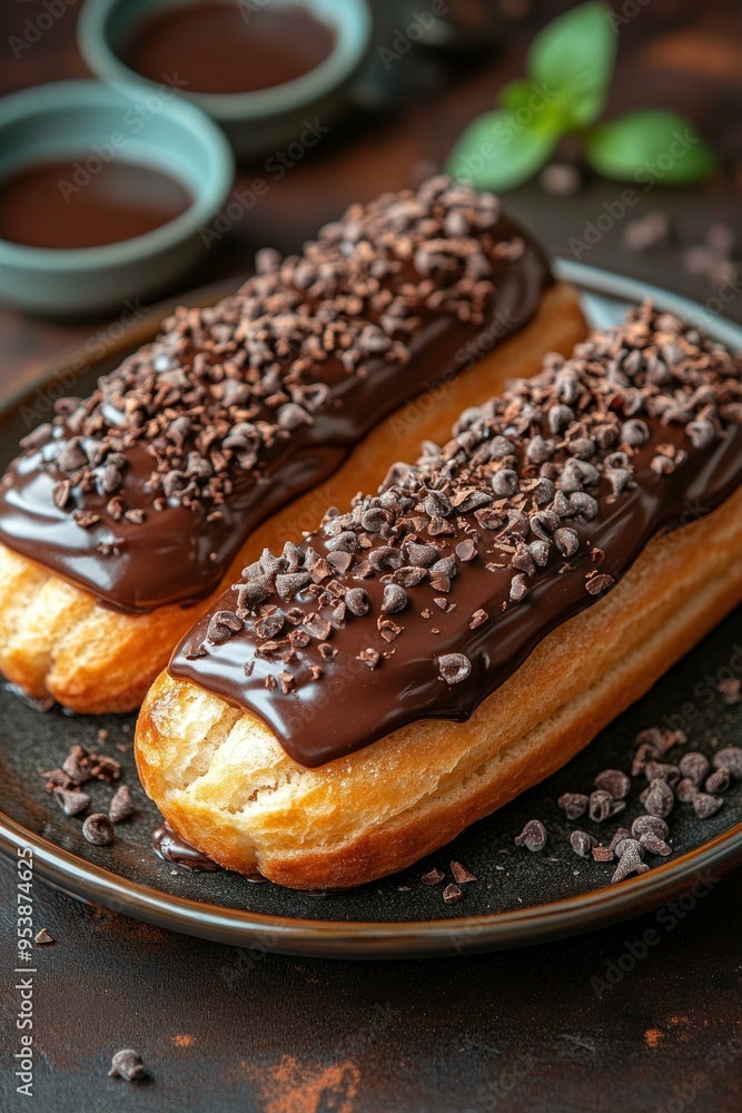 A 45 Angle shot of French eclairs with chocola A 45 Angle shot of French eclairs with chocola