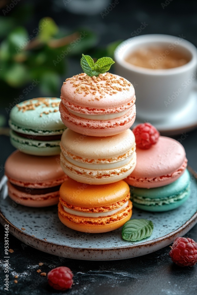 A 45 Angle shot of French macarons with assort A 45 Angle shot of French macarons with assort