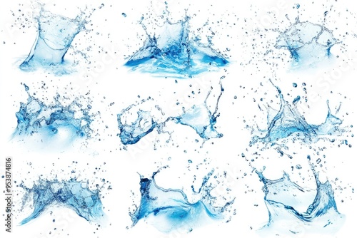 Collection of dynamic water droplets and splashes in various sizes and forms.