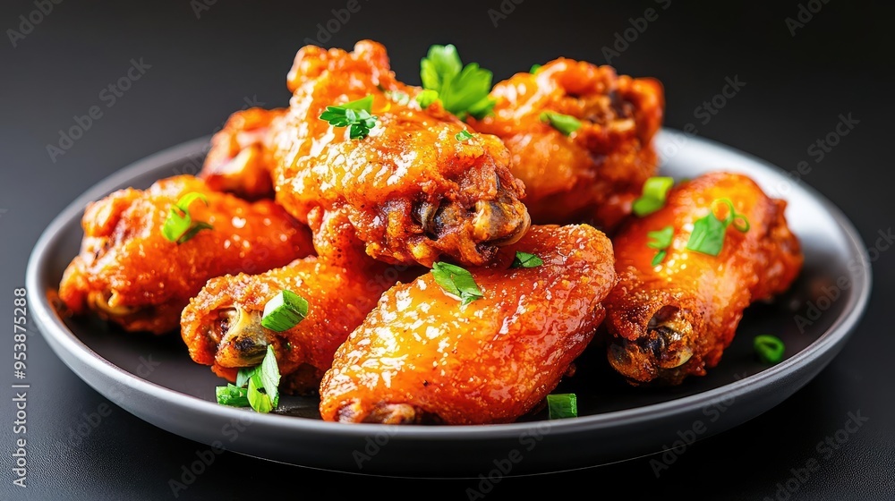 A plate of hot and crispy fried chicken wings placed on a black background with soft lighting enhancing the rich golden texture and savory seasoning great for food photography focu A plate of hot and crispy fried chicken wings placed on a black background with soft lighting enhancing the rich golden texture and savory seasoning great for food photography focu