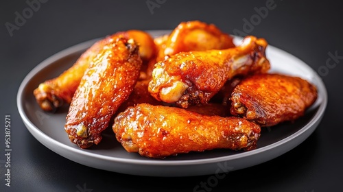 A plate of hot and crispy fried chicken wings placed on a black background with soft lighting enhancing the rich golden texture and savory seasoning great for food photography focu photo