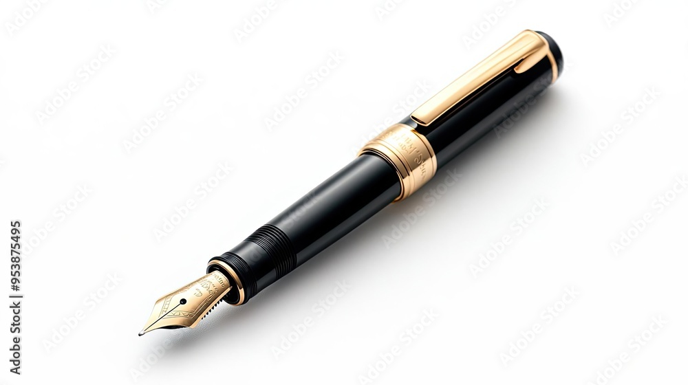A premium fountain pen placed precisely on a white background with clean studio lighting perfect for promoting office supplies focusing on luxury and precision A premium fountain pen placed precisely on a white background with clean studio lighting perfect for promoting office supplies focusing on luxury and precision