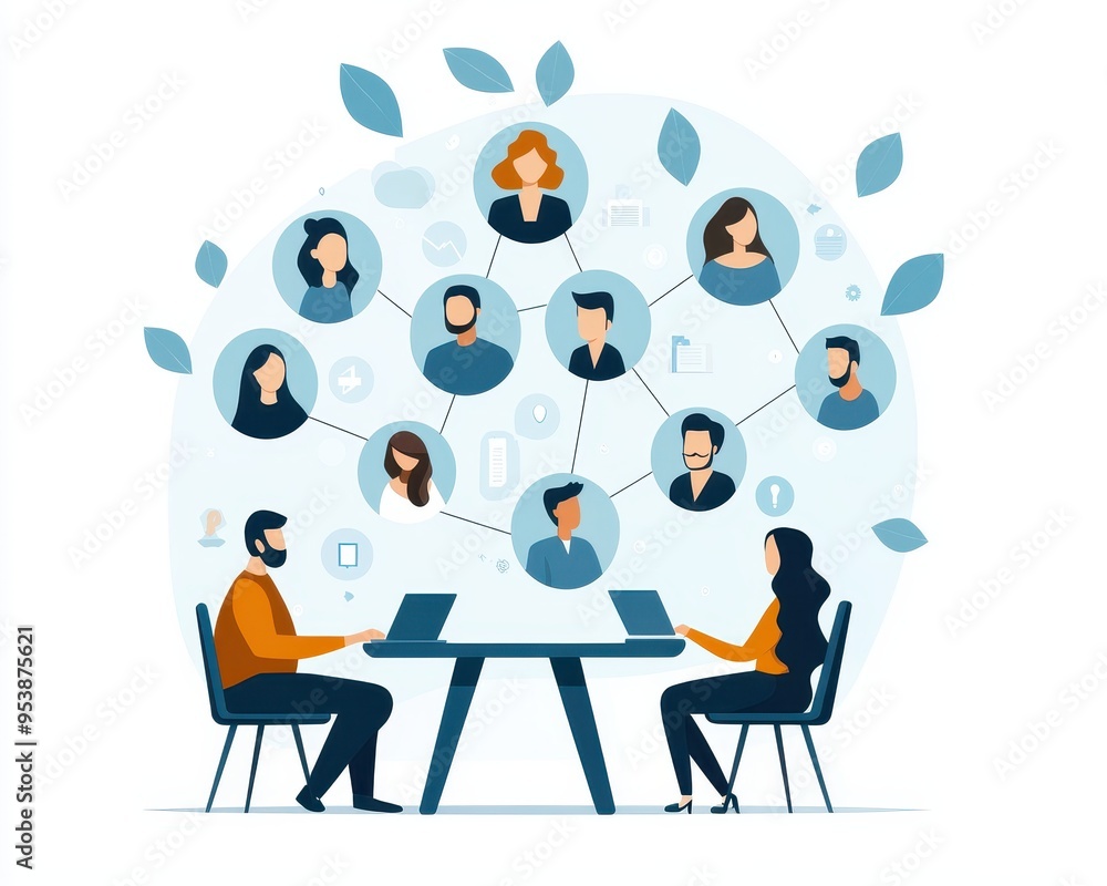 Illustration of remote teamwork with two people on laptops and network of connected colleagues, symbolizing collaboration and communication. Illustration of remote teamwork with two people on laptops and network of connected colleagues, symbolizing collaboration and communication.