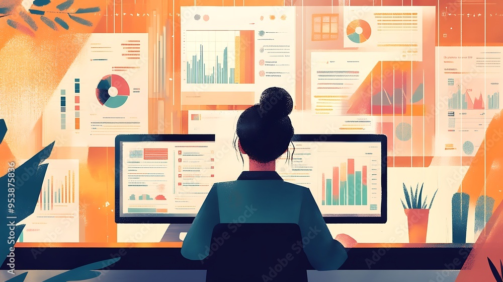 Woman Working at a Computer with Surrounding Data Charts Woman Working at a Computer with Surrounding Data Charts