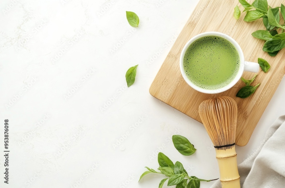 Matcha Tea with Whisk and Green Leaves Matcha Tea with Whisk and Green Leaves