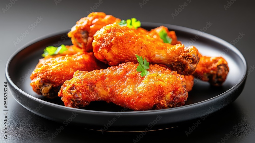 A serving of fried chicken wings placed on a dark black plate under soft lighting highlighting the crispy golden exterior and tender meat inside perfect for promoting fried chicken A serving of fried chicken wings placed on a dark black plate under soft lighting highlighting the crispy golden exterior and tender meat inside perfect for promoting fried chicken
