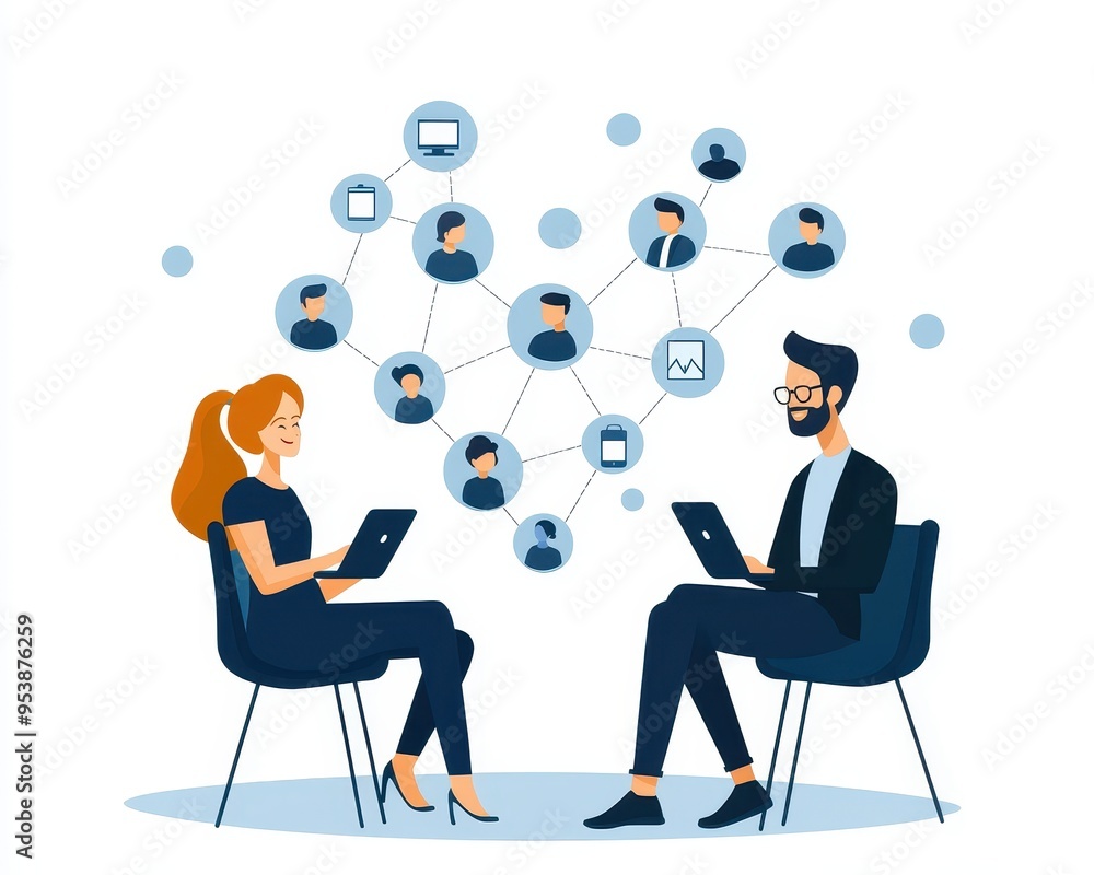 Two professionals using laptops, connected through a network, representing remote teamwork and online collaboration. Two professionals using laptops, connected through a network, representing remote teamwork and online collaboration.