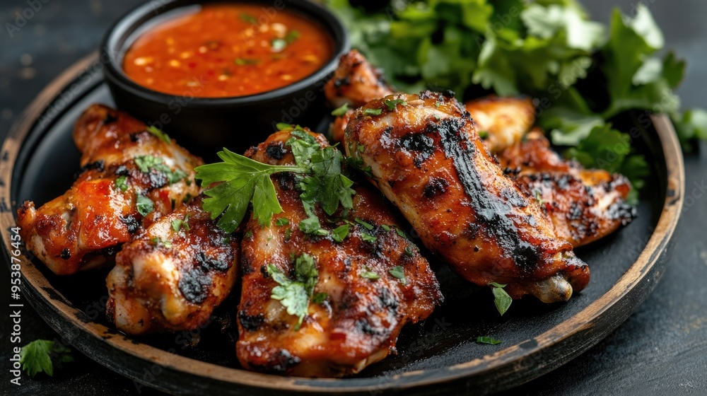 Delicious, barbecue-style chicken wings with a flavorful sauce. A popular appetizer in Southeast Asian cuisine. Delicious, barbecue-style chicken wings with a flavorful sauce. A popular appetizer in Southeast Asian cuisine.