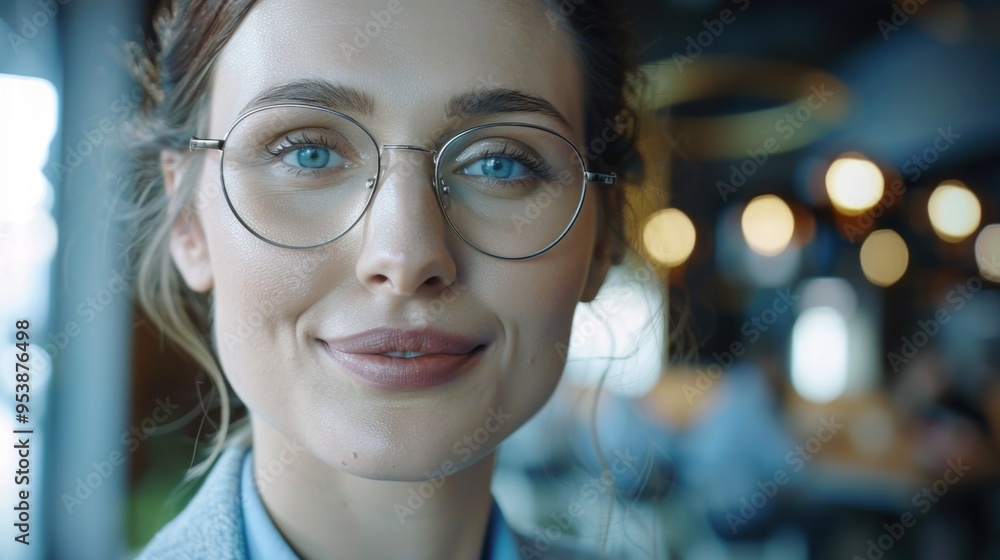 Portrait of a professional woman wearing glasses and smiling, in an urban office environment. Portrait of a professional woman wearing glasses and smiling, in an urban office environment.