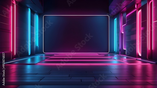 3d technology abstract neon light background, empty space scene, spotlight, dark night, virtual reality, cyber futuristic sci-fi background, street floor studio for mock up. colored geometric. See Les