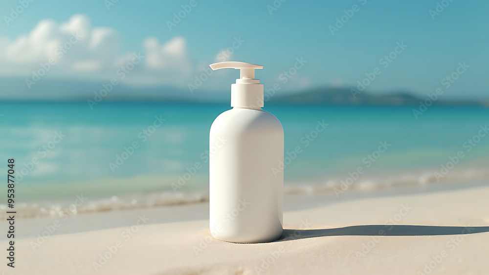 Natural beauty white shampoo bottle on a beach scene Natural beauty white shampoo bottle on a beach scene