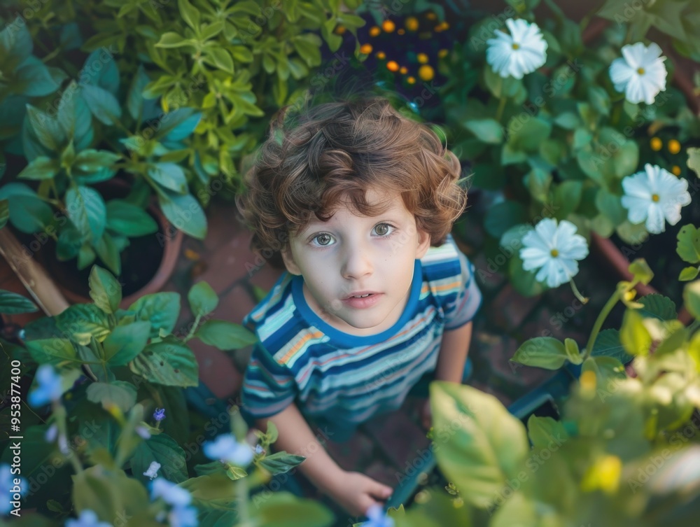 Little boy's surprised look at the camera from among flowers and vegetables. Little boy's surprised look at the camera from among flowers and vegetables.