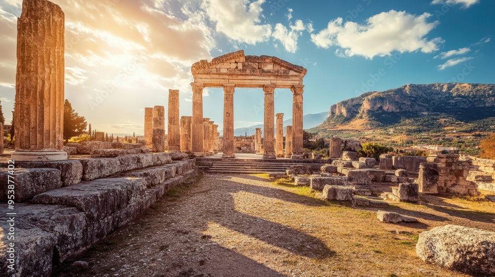 Obraz premium Ancient ruins of a Greek temple under a beautiful sunset sky, showcasing the historical architecture and scenic landscape.