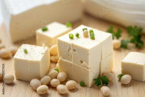 An assortment of vegan soy-based cheese slices and cubes, displayed on a wooden cutting board with whole soybeans sprinkled around. photo