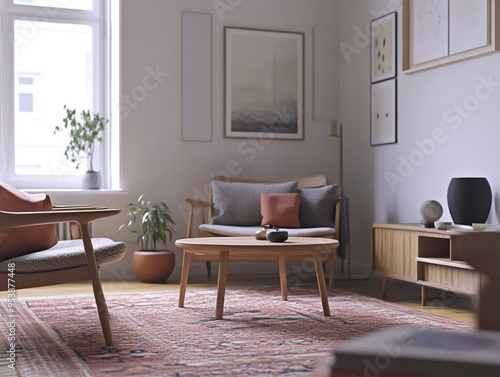 This is a modern interior. It has white walls and is decorated with picture frames. A clean and comfortable minimalist interior with comfortable wooden chairs and tables. Generative AI