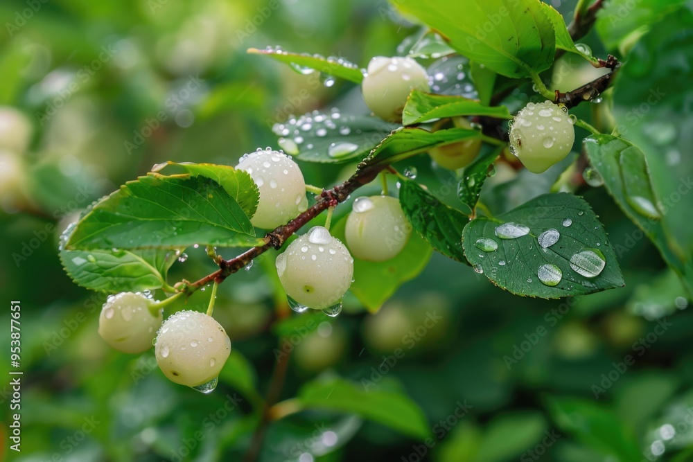 Fototapeta premium Berry bush with clear dew droplets on the leaves and berries, fresh and vibrant greenery