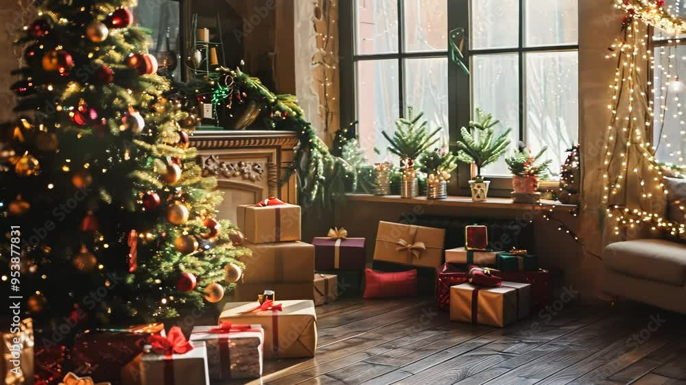A room in the house with a decorated Christmas tree and presents under it