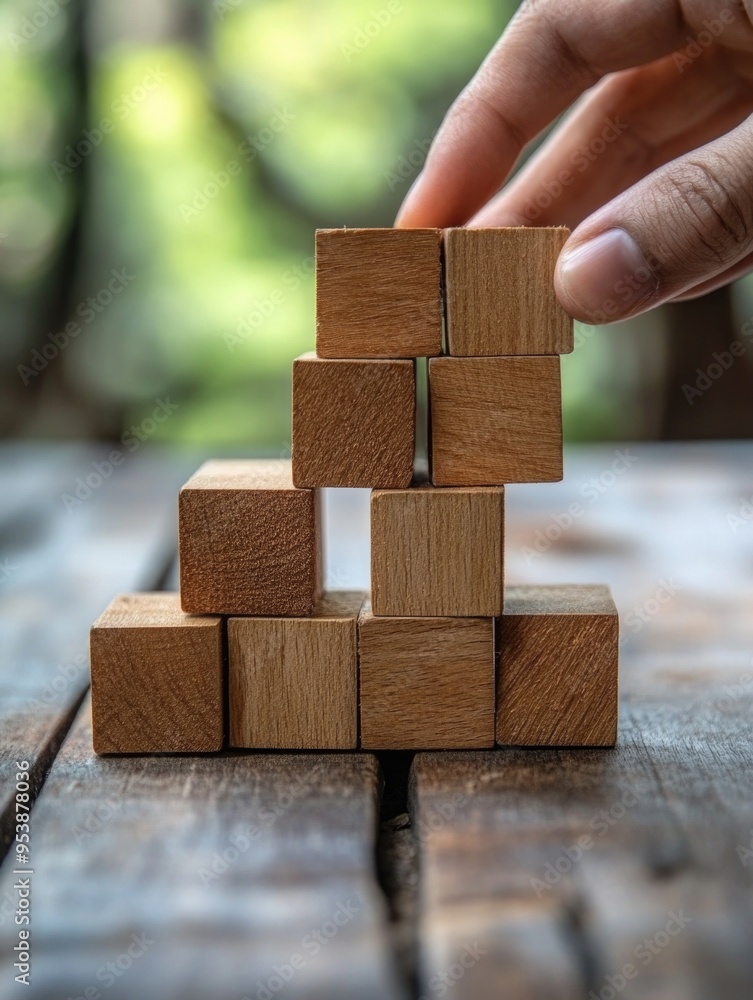 Hand stacking wooden blocks on a table, symbolizing creativity and learning through play. Hand stacking wooden blocks on a table, symbolizing creativity and learning through play.